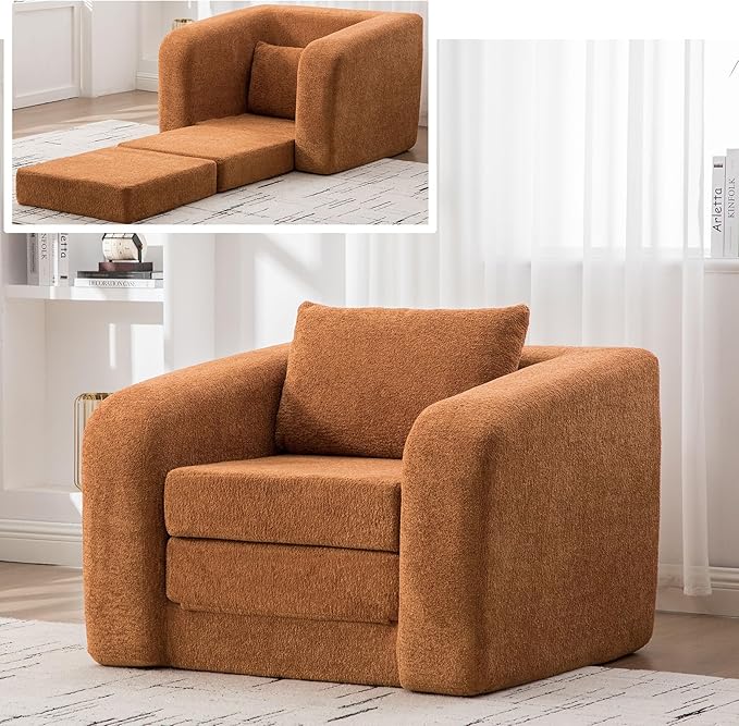 Orange Folding Sofa Bed Single - 40 Convertible Chenille Cloud Sleeper Lounge Chair with Floor Mattress &amp Pillow No Assembly Boneless Fold Out Couch for Bedroom Living Room Dorm (Orange 40 W)