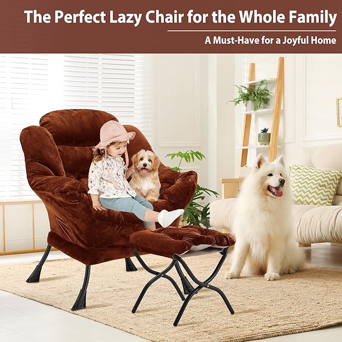 Lazy Chair with Folding Ottoman Accent Chair Plush Upholstered with Metal Structure and Non-Slip Pads Sofa Armchair with Footrest and Side Storage Bag for Dorm Room Office Brown