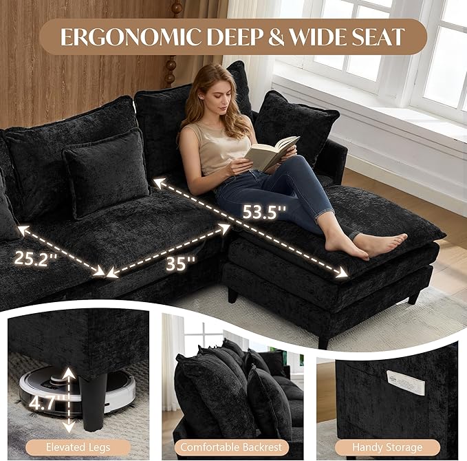 SAMERY 111 U Shaped Couch Cloud Sofa Modular Sectional Couch with 3 Large Ottomans Black 3 Seater Chenille Oversized Deep Seat Sectional Sofa with Pillows for Living Room Bedroom Apartment