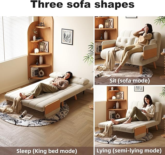 Convertible Chair Bed Futon Sofa Bed Sleeper Chair with Solid Wood Leg and Storage Pocket Linen Fabric Sofa Couch Guest Bed for Living Room Bedroom Office Apartment (43.31)