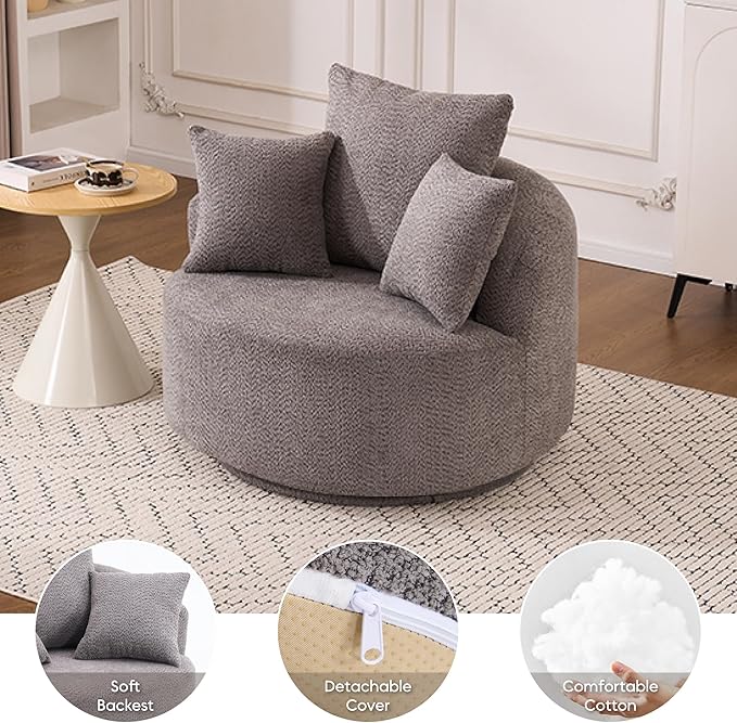 Yoglad 38.58'' Swivel Round Chair Comfy Boucle 360° Accent Chair with Thick Cushion Oversized Modern Single Sofa with 3 Pillows Soft Armchair for Nursery Living Room Bedroom Office (Grey)