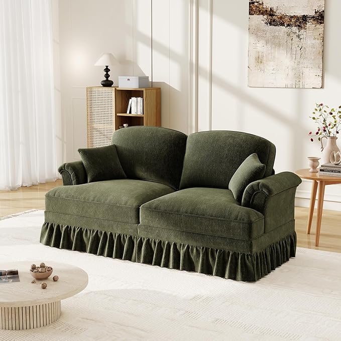 healthomse Modular Sectional Sofa Couch Comfy Chenille Two-Seat Sofa with Removable Ruffles Pleats Skirts Elegant Mid Century Sofa Couch for Living Room Bedroom Apartment (Green 76.4inch)