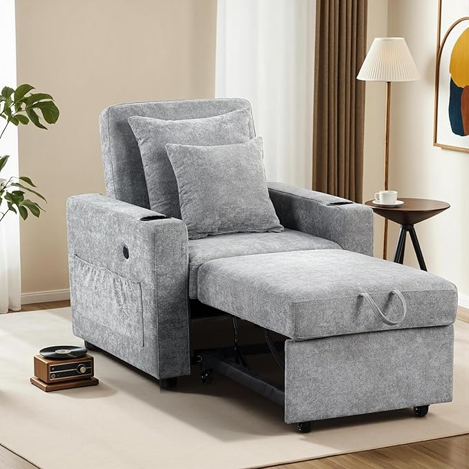 MCombo Convertible Sleeper Chair Bed 3-in-1 Folding Sofa Chair with Adjustable Backrest Pull-Out Bed with USB Port Cup Holders Linen Fabric for Small Spaces Living Room Guest Room Office VN6001