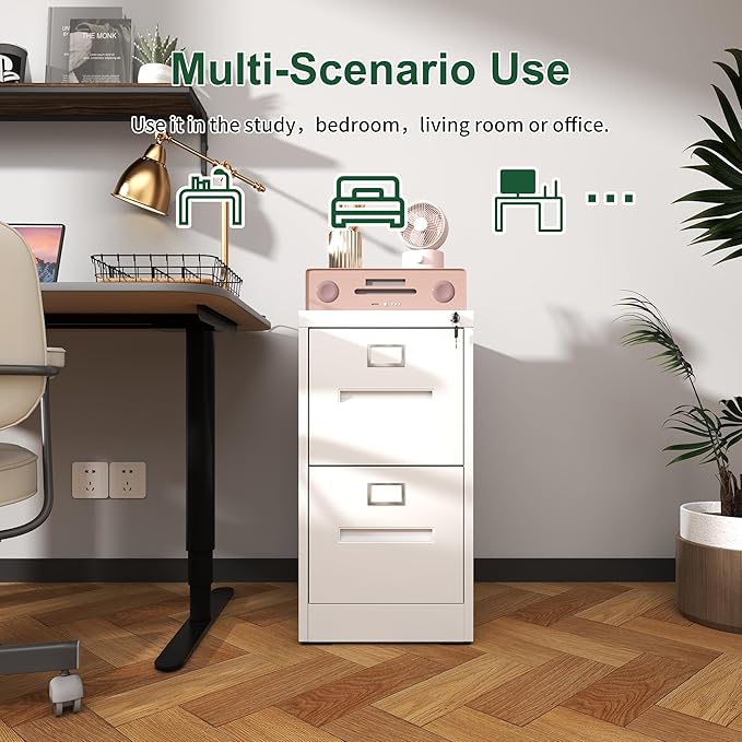 2 Drawer File Cabinet with Lock Small A4 Legal/Letter Size Filing Cabinets Under Desk Storage Organizer for Home Office Locking Cabinet DrawersWhite