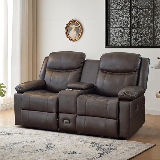 Manual Reclining Loveseat with Massage and Heat Double Recliner Sofa with Center Console Cup Holders &amp Storage for Living Room RV (Brown)