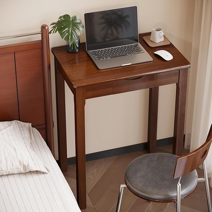 Wood Desk with Drawers - Solid Wood Mid Century Modern Desks for Bedroom Small Computer Desk for Laptop Study Makeup 23.6 W x 29.5 H x 15.7 D in Walnut Color