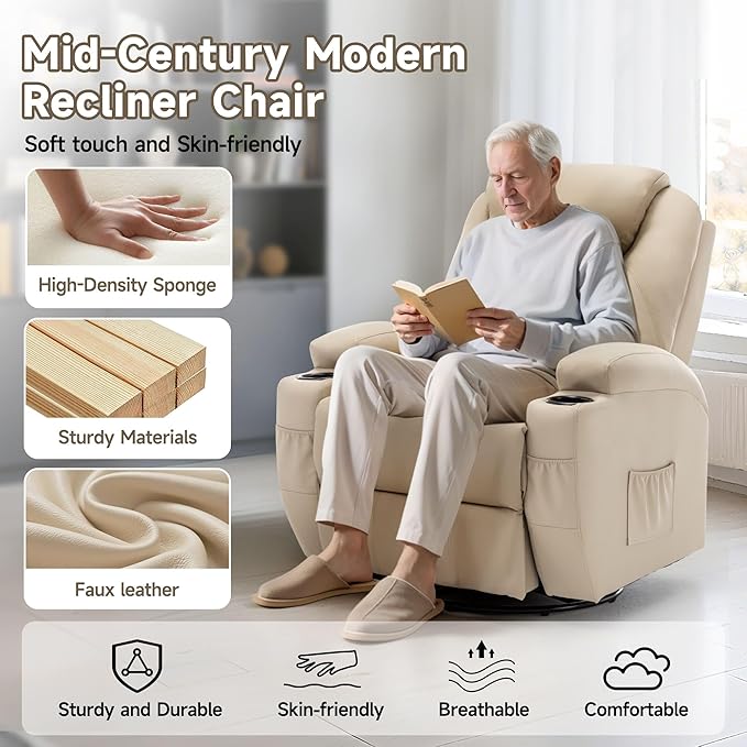 Recliner Chair Rocking Chair with Massage and Heat 360° Swivel Recliner Chairs for Adults Rocker Manual Recliner with Remote Control and Cup Holder for Living Room Bedroom Nursery