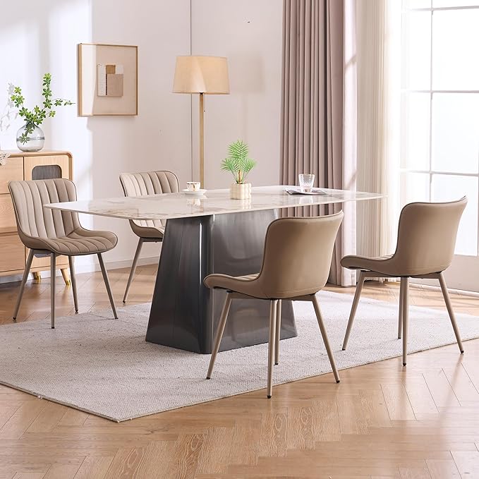 YOUNUOKE Mid-Century Modern Dining Chairs Set of 2 Khaki PU Leather Upholstered Kitchen Chairs with Khaki Metal Legs Armless Accent Chair for Dining Room Guest Reception Room