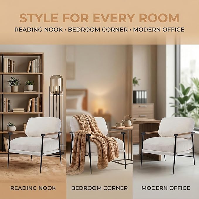 DUOMAY Mid-Century Modern Accent Chair Comfy Sherpa Sofa Lounge Chair Reading Corner Chair for Living Room Bedroom Office Mid-Back Arm Chair with Black Metal Leg White