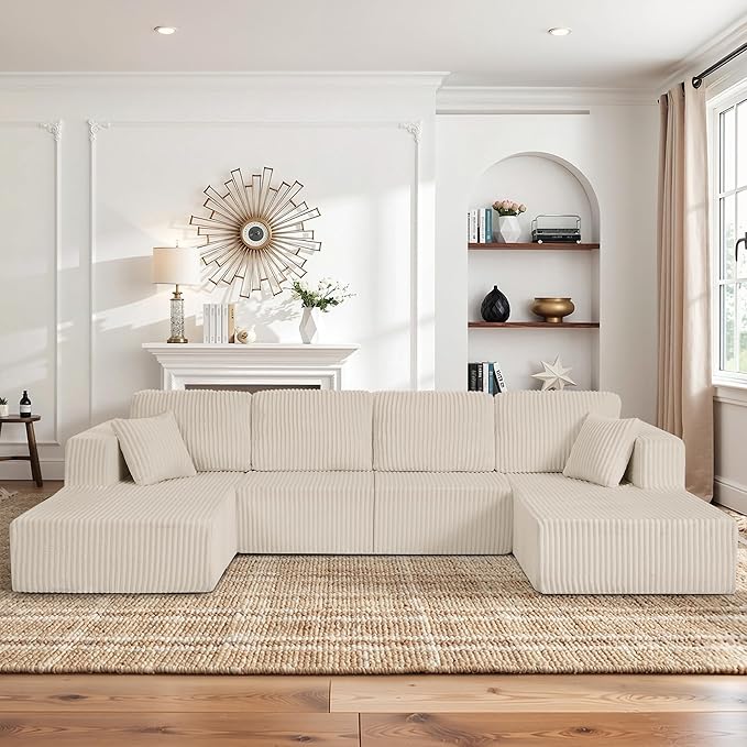 161 Oversized Cloud Boneless Sofa Couch with Chaise Modern Corduroy Modular Sectional Sofa with Deep Seat Comfy U Shaped Couch with Memory Foam for Living Room No Assembly Required (Beige)
