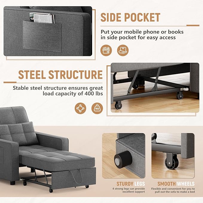 Flamaker Sofa Bed Sleeper Sofa 3-in-1 Adjustable Couch Bed with Modern Linen Fabric Convertible Sleeper Chair Couches for Living Room Apartment and Small Space (Graphite Gray)