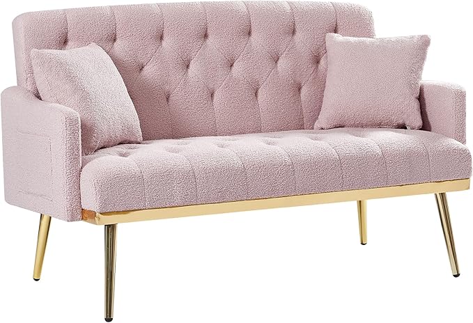 Small Loveseat Sofa Modern 2 Seater Teddy Fabric Small Sofa Couch with Gold Metal Legs and 2 Pillows for Living Room (Pink Teddy Fabric)
