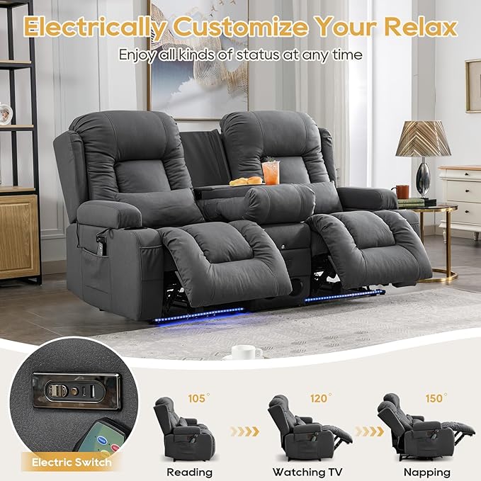 IPKIG Power Loveseat Recliner Sofa with Flip-Up Backrest Console Drawer AC Outlet LED Light Wall Hugger Recliners for Living Room RV Home Theater (Grey Loveseat)