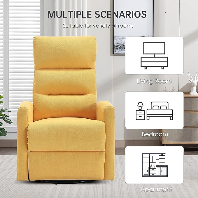 360° Swivel Rocker Recliner Chair for Small Spaces Manual Recliner with Side Pockets for Petite Adults Small Rocker Recliner for Living Room Bedroom - Yellow