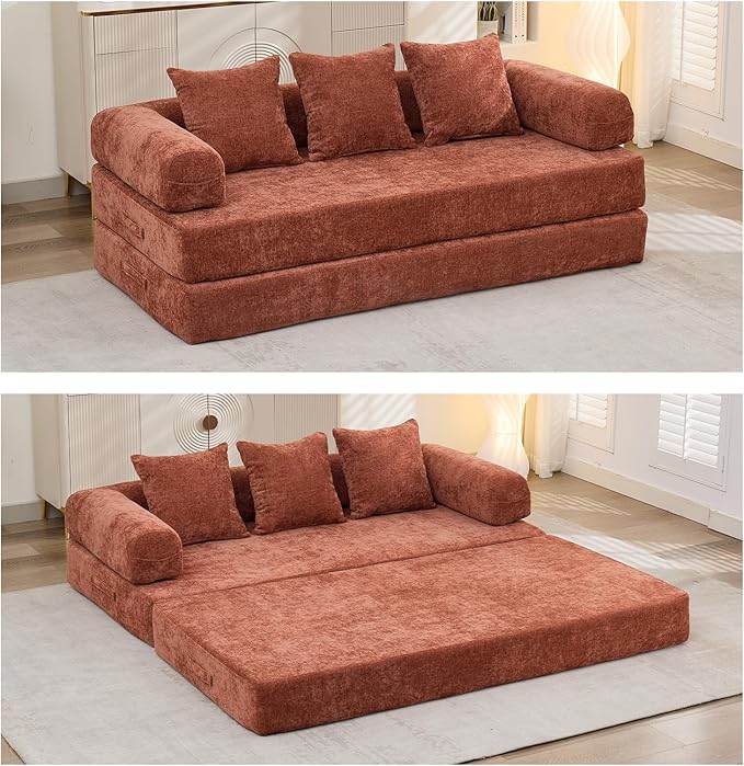 4 in-1 Folding Convertible Sofa Bed78.8 Folding Floor Mattress Couch Comfy Chenille Boneless Couch Lounge Loveseat with Pull Out Bed No Assembly (Orange)