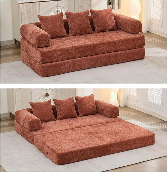 4 in-1 Folding Convertible Sofa Bed78.8 Folding Floor Mattress Couch Comfy Chenille Boneless Couch Lounge Loveseat with Pull Out Bed No Assembly (Orange)