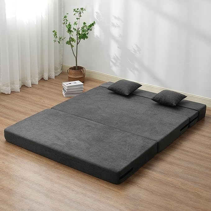 VEVOR Folding Sofa Bed 3-in-1 Foldable Couch Bed with 2 Pillows and Washable Cover 25D High Density Memory Foam Convertible Sleeper Chair Bed Futon Couch for Living Room Bedroom Dark Grey(Queen)
