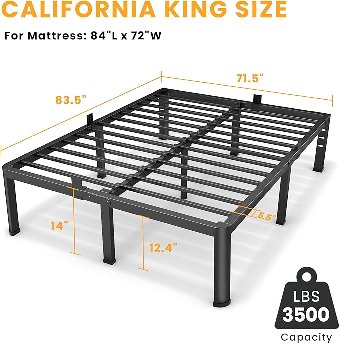 14 Inch California King Bed Frame Metal Platform Bed Frame with Round Corner Legs 3500 lbs Heavy Duty Steel Slats Support No Box Spring Needed Noise Free Easy Assembly Black