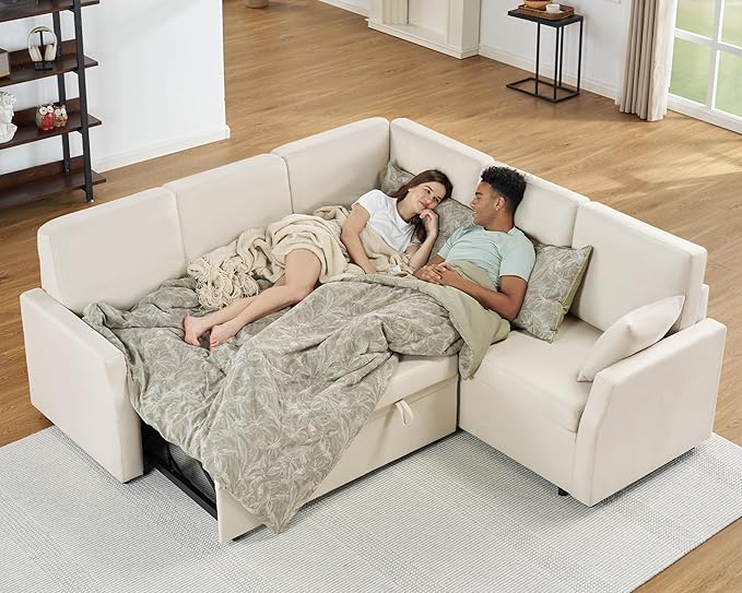 Jocisland Sofa Bed 85 Inch Sleeper Sofa with Pull Out Bed &amp Storage Seat Reversible L Shape Sectional Couch for Living Room Apartment Beige Linen Oversized Sofa