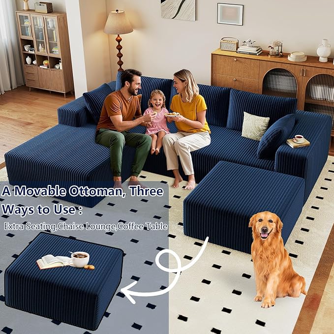 96 Modular Sectional Sofa with Ottoman Modern Corduroy Cloud Couch with Deep Seat Boneless Couch Upholstered 3-Seater U-Shaped Sofa for Living Room No Assembly (Blue Left-Facing Chaise)