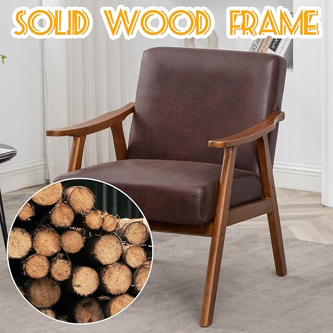 Mid Century Modern Accent Chair Upholstered Armchair Comfy with Wood Legs Siting Chair with Soft Cushion PU Leather Side Chairs for Living Room Bedroom Office (Microfiber Dark Brown)