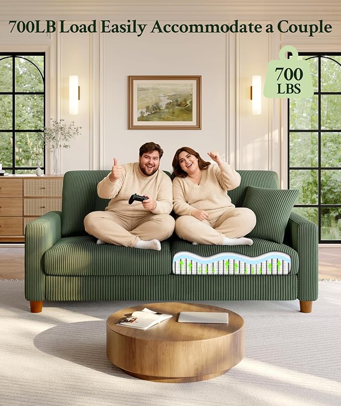 70.2 Couches for living room Comfy U Shaped Couch Green 7.1 Thicker Cushion Sofas for Living Room Tool-Free Setup Loveseat with Ottoman 7058lbs Support Corduroy Couch for Bedroom Office