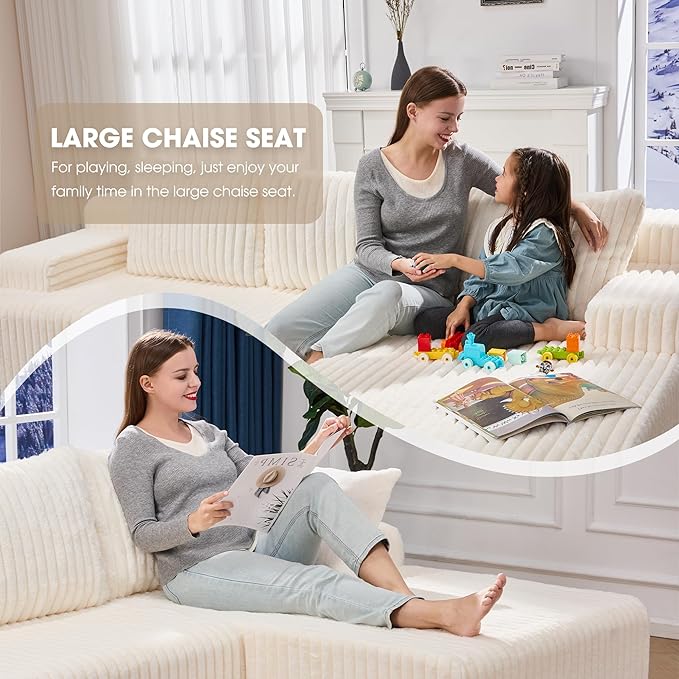 Modular Sectional Sofa Couches L-Shape Couch 3 Seat Modular Sofa Memory Foam Sectional Couches for Living Room Cloud Couch with Oversized Chaise (White Stripe 96 Right Facing Chaise)