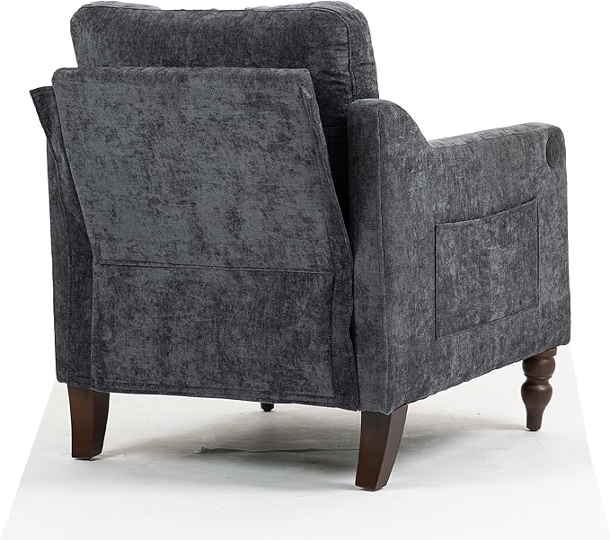Ball &amp Cast Mid-Century Accent Chair for Living RoomReading Chair for Bedroom with USB Ports&ampSide PocketModern Accent Arm Chair W/Wide Backrest&ampRetro Wood LegsChenille Upholstered Comfy
