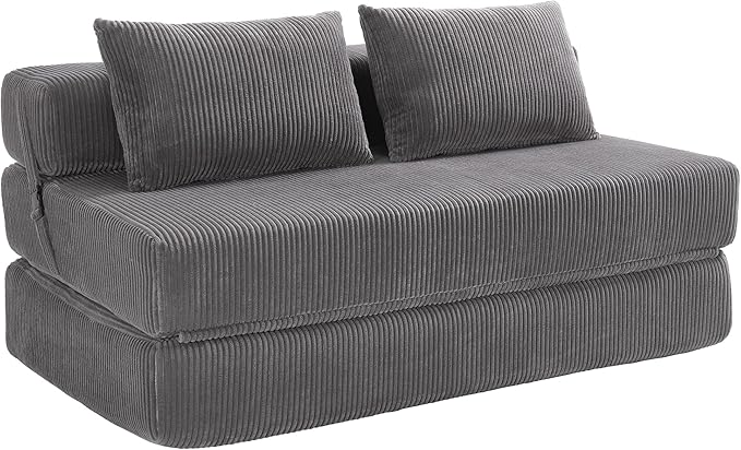 KIVENJAJA Folding Sofa Bed Full Size 3-in-1 Convertible Sleeper Sofa Corduroy Foldable Boneless Floor Futon Couch with Backrest &amp Pillows for Home Living Room Office Apartment Small Spaces Grey