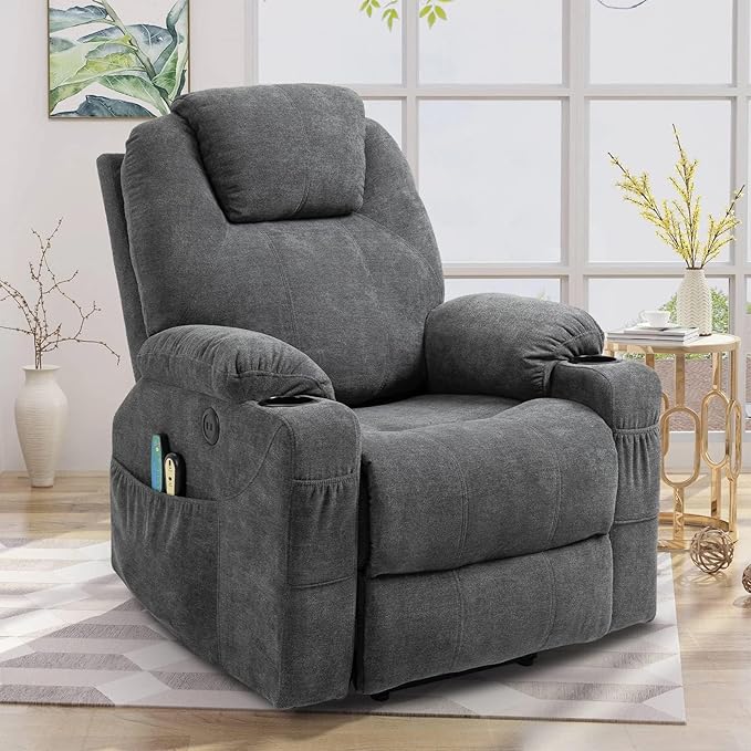 Electric Power Lift Recliner Chair with Heat and Massage for Elderly Ergonomic Lounge Chair Single Sofa Recliners for Living Room with Cup Holders USB Ports4 Pockets Soft Fabric (Gray)