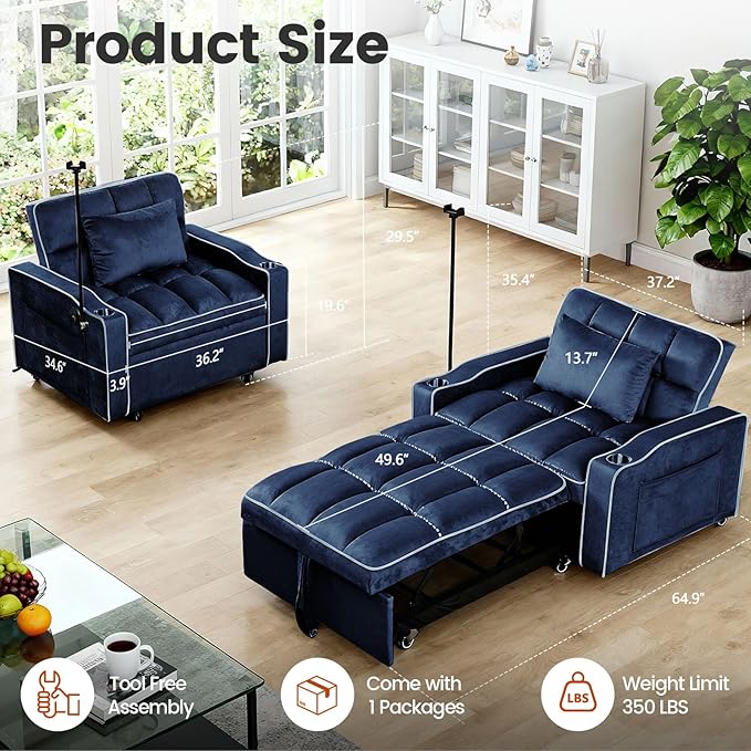 Sleeper Chair Convertible Pull Out Chair Sleeper with Bracket and Cup Holder Chairs Bed Sleepers for Adults 3 in 1 Sofa Bed Chairs for Small Spaces Living Room Blue
