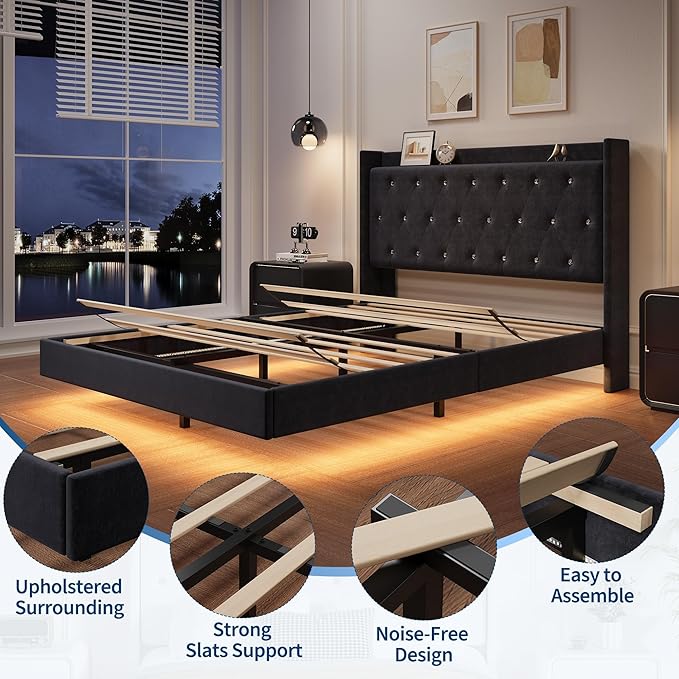 IDEALHOUSE Full Size Bed Frame with LED Lights Floating Platform Bed with Velvet Upholstered Storage Headboard No Box Spring Needed Noise Free Easy Assembly