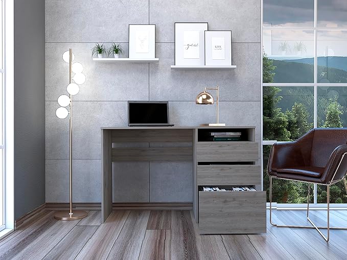Three Drawer Computer Work Study Desk Office Writing Work Table One Shelf for Home Office Living Room-Light Gray