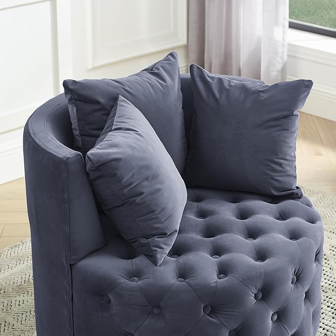 360° Swivel Barrel Chair 30W Modern Velvet Upholstered Round Accent Chair with Button Tufted Design &amp 4 Movable Wheels Comfy Small Armchair for Living Room Bedroom Nursery Sillas Para Sala Grey