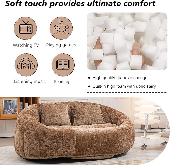 Bean Bag Sofa Comfy Loveseat Sofa with 2 Pillows Soft Giant Bean Bag Chair Cozy Round Lazy Sofa with Wide Backrest for Living Room Reading Room and Bedroom Coffee