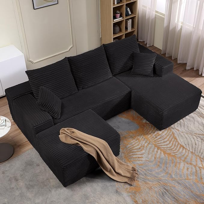 107 Corduroy Modular Sectional Sofa with OttomanModern U-Shaped Cloud Couch with Deep SeatComfy 3-Seater Sofa for Living RoomNo Assembly (BlackRight-Facing Chaise)