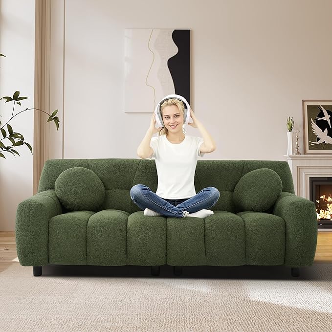 73 Boucle Cloud Sofa Couch with 2 Soft PillowsComfy Upholstered Teddy 2 Seater LoveSeat SofaModern Deep Seat Sherpa Cloud Couch Oversized Loveseat for Living Room Bedroom ApartmentOlive Green