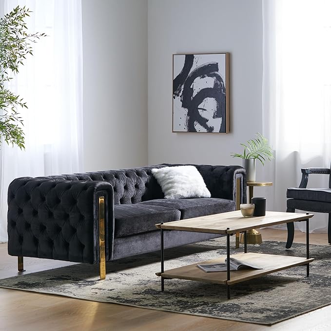 Merax Comfy 3-seat Sofa with Tufted Back and Arm and Gold Iron Legs Modern Couch for Living Room Bedroom Apartment Office Black