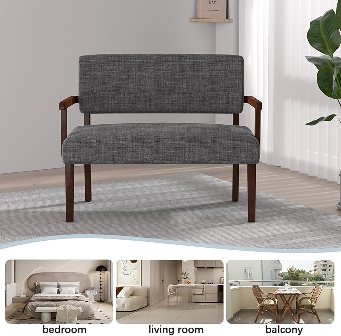 Accent Chair 2 Seat Upholstered Reading Leisure Chair Bench with Solid Wood Frame (Gray)