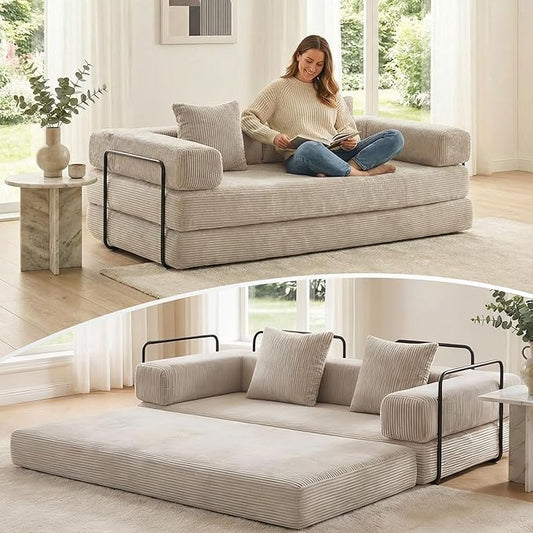 WELAX 77 Convertible Sleeper Sofa Bed Boneless Cloud Queen Futon Couches with 2 Pillows &amp Removable Armrests Corduroy Folding Floor Couch No Assembly for Bedroom Living Room Light Grey