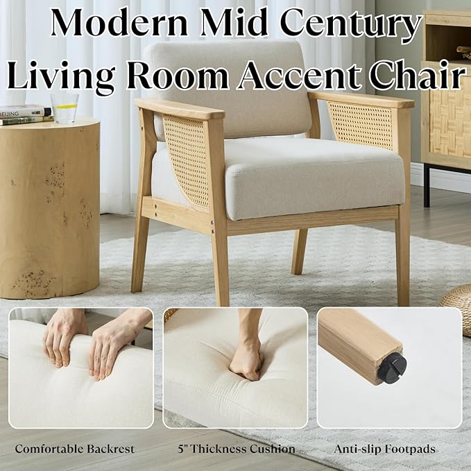 Mid Century Modern Accent Chair Set of 2 Rattan Armchair with Wood Legs Living Room Chair Linen Upholstered Lounge Chair for Bedroom Reading Room Beige