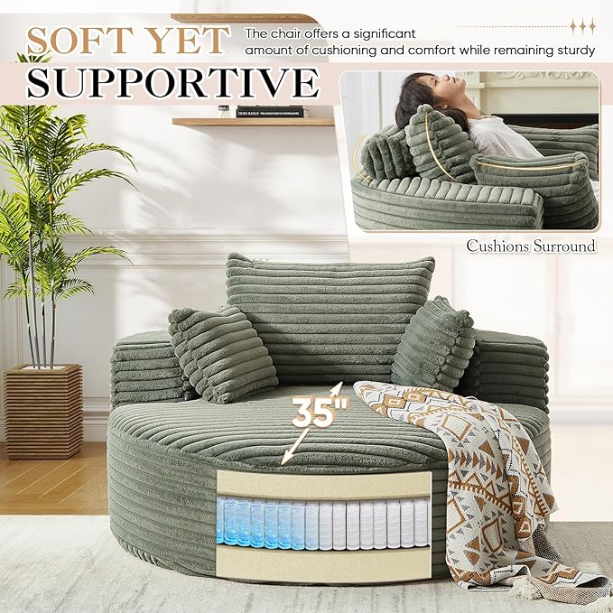 Modern Round Accent Sofa Chair for Living Room Upholstered Corduroy Barrel Lounge Arm Chair with Large seat&ampThrow Pillows for Bedroom Office Apartment Green