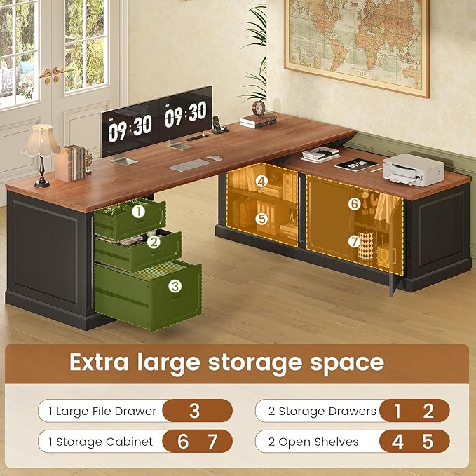 SEDETA Farmhouse L Shaped Desk with Drawers 70.9 Home Office Desk with Storage Cabinet and Storage Shelves L Shaped Computer Desk with Power OutletBlack