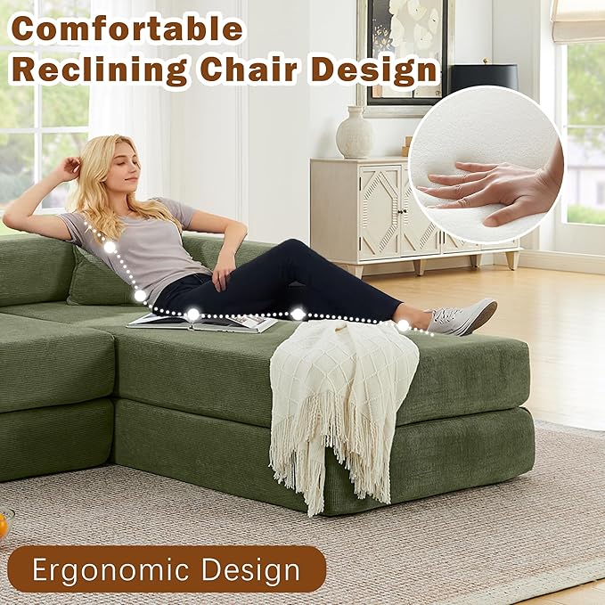 108 W Corduroy Modular Cloud Couch with Fixed-Shape Frame Oversized L-Shaped Sectional Sleeper Sofa Bed with Pull Out Bed No Assembly Modern Floor Boneless Couch for Living Room (Green)