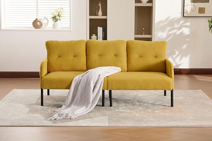 KEIKI 67 Corduroy Loveseat Sofa with Double Side Pockets &amp High Resilience Cushion Modern Style Upholstery Oversized 2-Seater Couch with Metal Legs Easy Assembly for Living Room Yellow