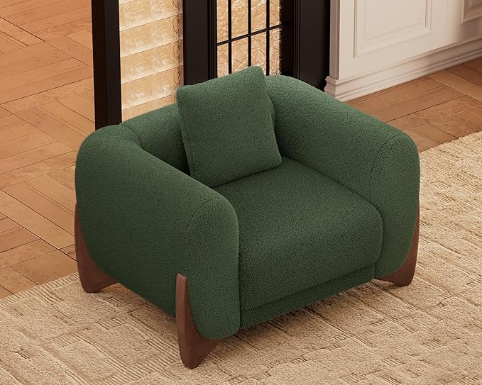 Morden Fort Sherpa Boucle Couch Armchair Single Modern Sofa Upholstered Deep Chair with Soft Throw Pillow Skin-Friendly Minimalist Accent Chair Compatible with Sofa Set Couch for Living Room Green