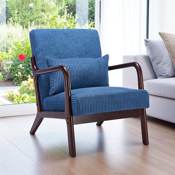 Mid-Century Modern Accent Chair Arm Chair Living Room Chairs with Pillow Upholstered Reading Chair with Solid Wood Frame &amp Corduroy Fabrics for Living Room Bedroom Balcony (Corduroy Sapphire Blu
