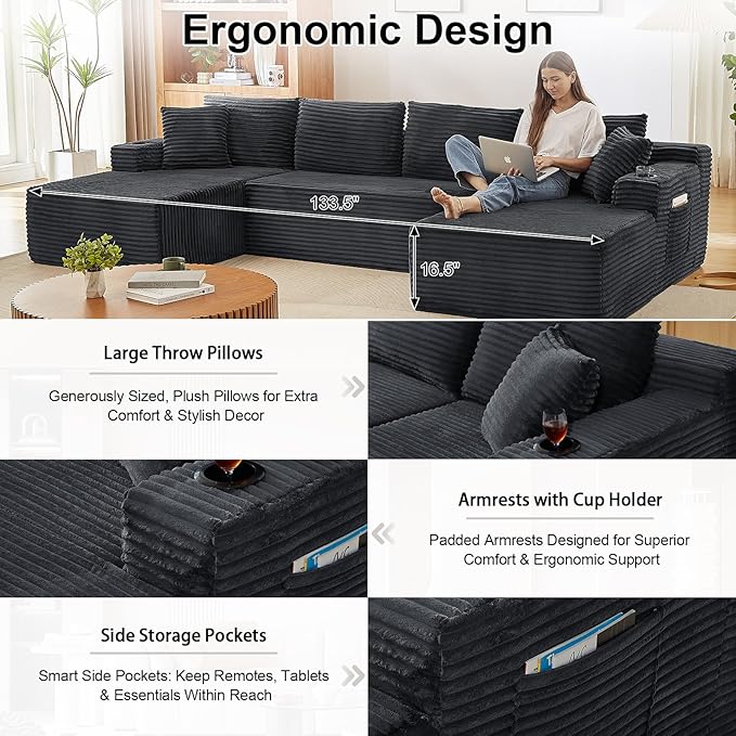 134 Inch U-Shaped Sectional Couch Oversized Modular Corduroy Sofa with 2 Chasies 4-Seater Modern Deep Seat Boneless Cloud Couch for Living Room No Assembly Required Dark Gray