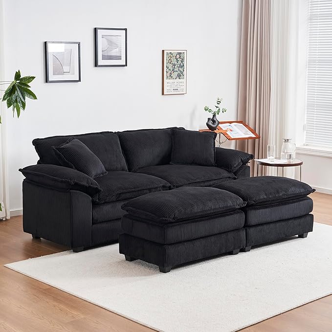 Oversized Chaise Lounge Chair Indoor with Ottoman 80.5W Corduroy Upholstered Modern Loveseat Sofa Deep Seat Modular Sectional Cloud Couch Sofa Comfy Reclining Sleeper Chair for Living Room Black
