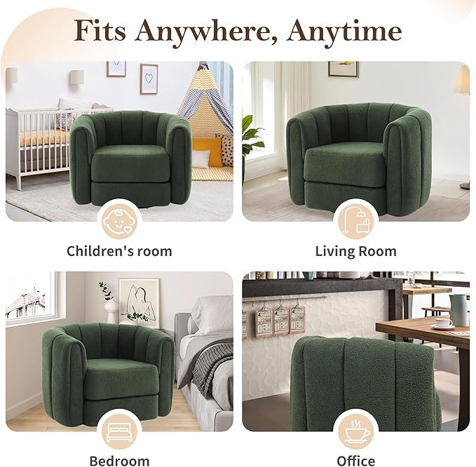 cinkehome Teddy Swivel Accent Chair Barrel Armchair 360° Modern Round Arm Chair with Thickened Cushion Swivel Club Chair for Living Room Bedroom Green